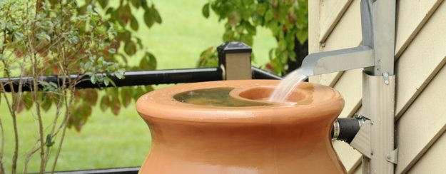 Rain Barrel being filled during rain storm