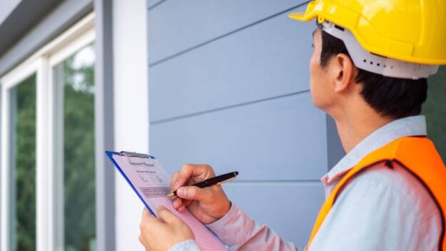 Painting Safety Guidelines for Your Next Home Project Construction worker evaluating the exterior of a home after completing a home renovation project.